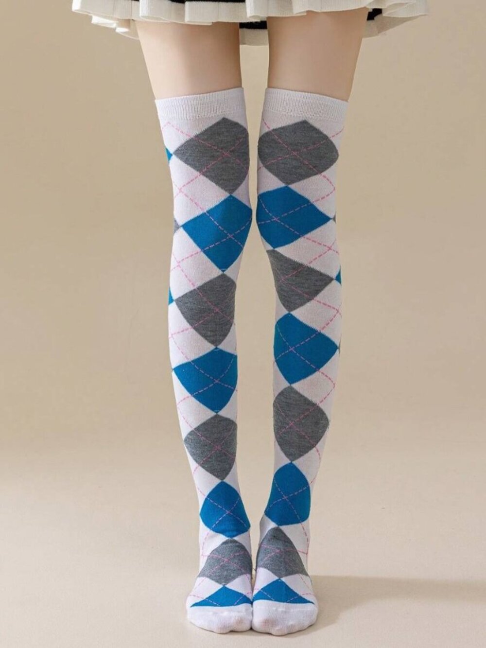 Women's Argyle Diamond Plaid White Blue Grey Over The Knee Thigh High Socks